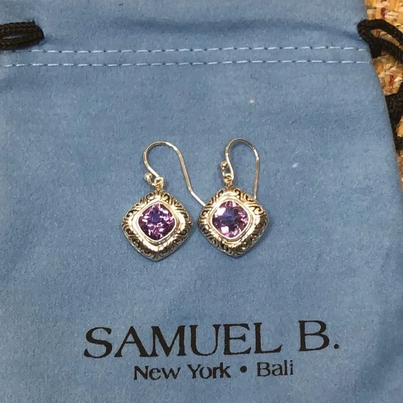 SAMUEL B. Sterling Silver Cushion Cut Amethyst Drop Dangle Earrings